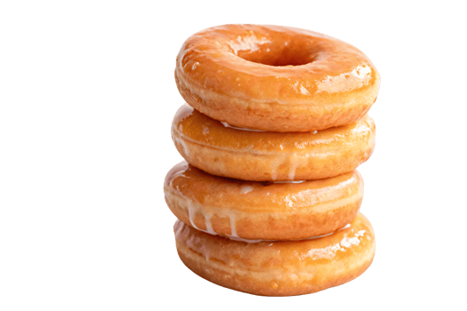 A stack of four golden-glazed doughnuts, glistening with sugary glaze, showcasing their soft, fluffy texture and rich, tempting appeal png