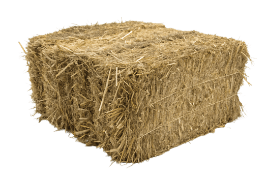 A perspective of a rectangular hay bale, showcasing its tightly bound straw layers, emphasizing utility in agriculture and rural life png