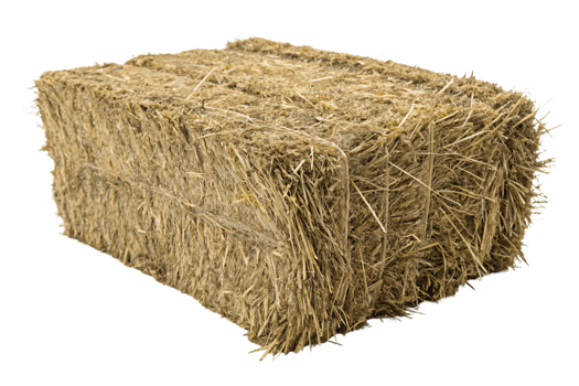 A compact rectangular hay bale, neatly tied with twine, emphasizing its coarse texture and golden hues used for animal feed or farming png