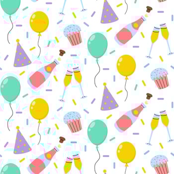 Colorful party pattern featuring balloons, cupcakes, and sparkling drinks in a festive layout vector