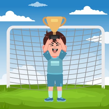 Cute Boy Cartoon Character Playing Football Champion vector