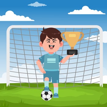 Cute Boy Cartoon Character Playing Football winner throphy vector