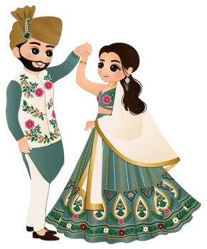 Happy romantic young couple in traditional indian dress cartoon bonding dancing png
