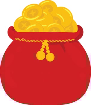 A cartoonishly illustrated red pouch overflowing with gold coins. vector