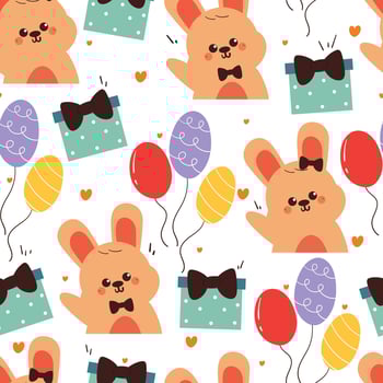 seamless pattern cute cartoon bunny with birthday box and balloon. cute animal drawing for birthday wallpaper, pattern, background vector