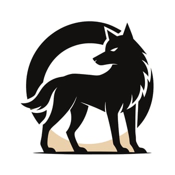 A bold, stylized silhouette of a wolf positioned within a circular moon shape. vector