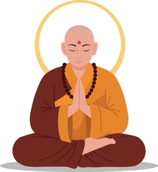 Meditating monk in vibrant robes with serene expression in flat art style showcasing calmness and spirituality illustration vector