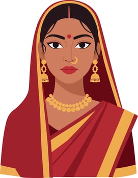 Traditional Indian woman in vibrant attire with intricate jewelry and elaborate hairstyle in flat art vector