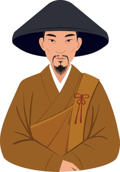 Traditional Asian monk character wearing a wide-brimmed hat in a flat illustration style art vector