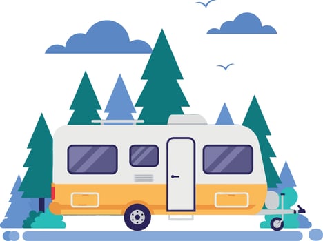 Vintage camper surrounded by tall trees in a minimal flat design art vector