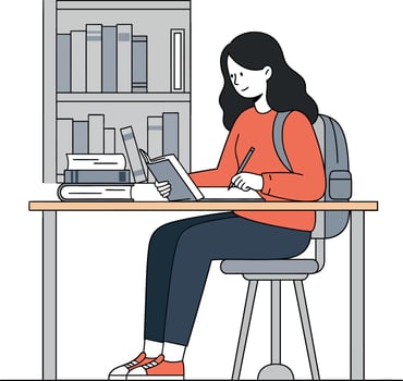 Young woman studying at a desk with books in a minimal illustration style featuring soft colors and clean lines art vector