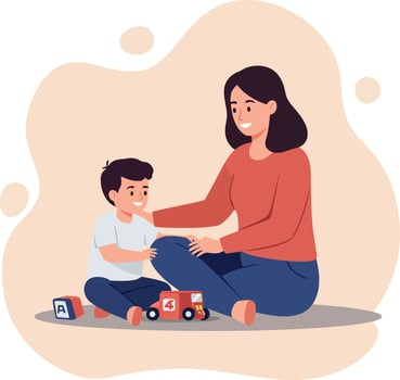 Mother and child playing together with toy cars in a minimal flat design illustration vector