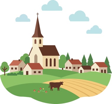Charming rural village scene with church, fields, and cows in flat art style vector