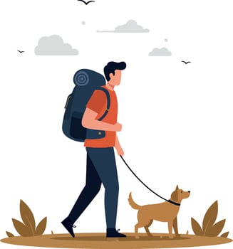 Man walking with a dog in a natural setting, flat design style, vibrant colors, illustration vector
