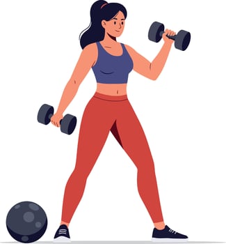 Woman lifting weights in a flat and colorful design showcasing fitness and strength in illustration vector