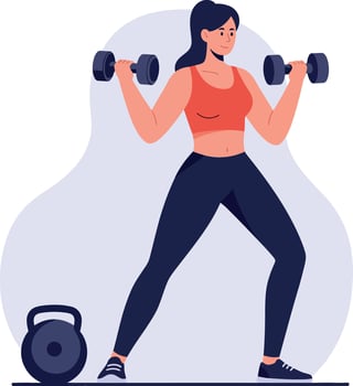 Strong woman lifting dumbbells in a fitness studio, flat design, showcasing strength and determination, illustration vector