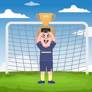 Cute American Boy with Blond Hair cartoon Playing Football Winning Throphy vector