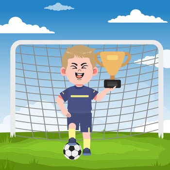 Cute Boy Cartoon Character Playing Football Champion Winner Throphy vector
