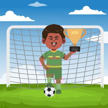 Cute African Black Boy with Afro Hair cartoon Character Playing Football Winning a math vector
