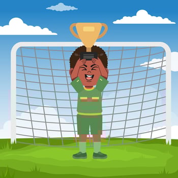 Cute African Black Boy with Afro Hair cartoon Character Playing Football Champion Lifting Throphy vector