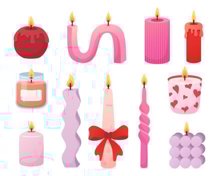 Set of candles of different shapes in cartoon flat style. Romantic pink and red candles for Valentines Day, wedding, bachelorette party, home decor. vector