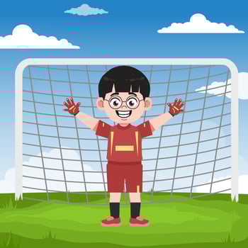 Cute Chinese Boy with Glasses cartoon Character Playing Football Goalkeeper Pose vector