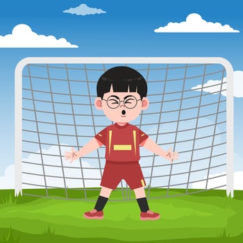 Cute Chinese Boy with Glasses cartoon Character Playing Football Goal Pose vector