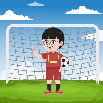 Cute Chinese Boy with Glasses cartoon Character Playing Football Pointing Hand vector