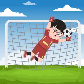 Cute Chinese Boy with Glasses cartoon Character Playing Football Goal Keeper Save Ball vector