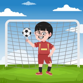 Cute Chinese Boy with Glasses cartoon Character Playing Football Spinning Ball vector