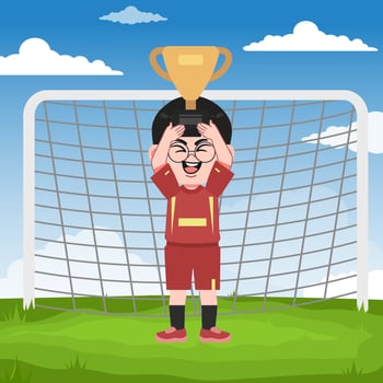 Cute Chinese Boy with Glasses cartoon Character Playing Football Throphy vector