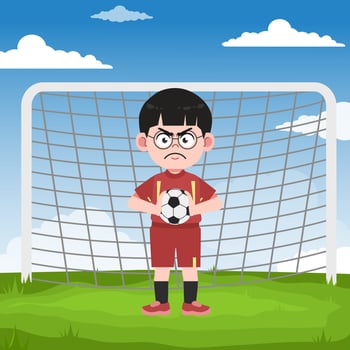 Cute Chinese Boy with Glasses cartoon Character Playing Football Angry vector