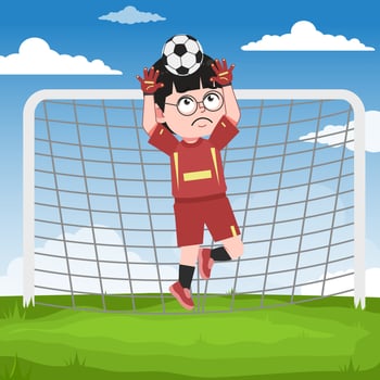Cute Chinese Boy with Glasses cartoon Character Playing Football Goal Keeper Jump vector