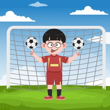 Cute Chinese Boy with Glasses cartoon Character Playing Football Spinning Two Balls vector
