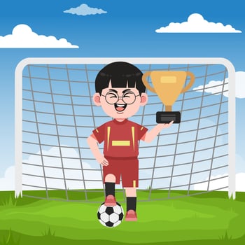Cute Chinese Boy with Glasses cartoon Character Playing Football Champion Throphy vector