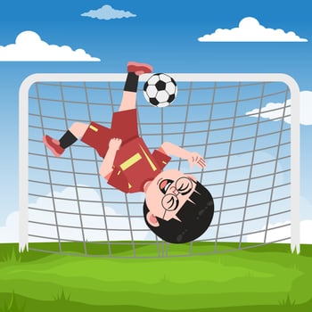 Cute Chinese Boy with Glasses cartoon Character Playing Football Bicycle Kick vector