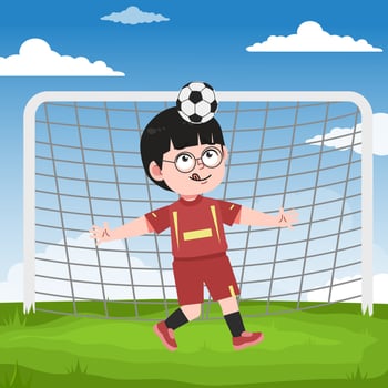 Cute Chinese Boy with Glasses cartoon Character Playing Football Juggling Ball on Head vector
