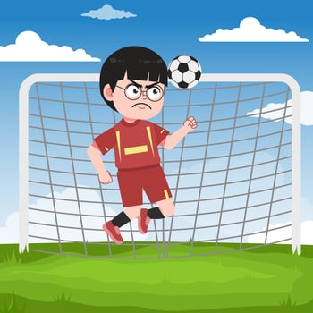 Cute Chinese Boy with Glasses cartoon Character Playing Football Header Ball vector
