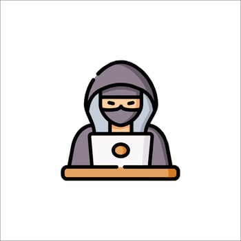 A person in a hoodie and mask sitting at a desk with a laptop vector