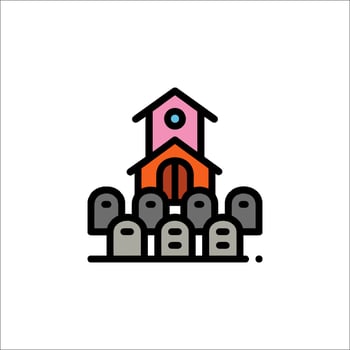 A church and graveyard in a line drawing vector