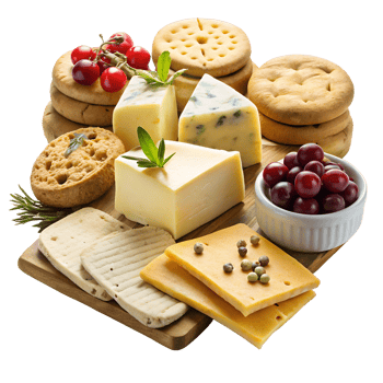 Assorted gourmet cheeses with crackers on transparent background png