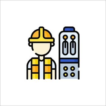 A man in a hard hat and safety vest standing next to a machine vector