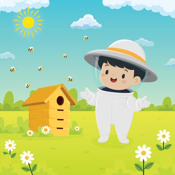 Cartoon character of a child in a beekeeper costume surrounded by nature bee and flowers. summer garden vector