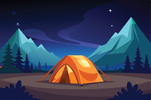 Nighttime Camping Scene in Mountains, Adobe Illustrator Artwork vector