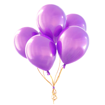 Five Shiny Purple Balloons Floating on Black Background Birthday Celebration Party Decoration png
