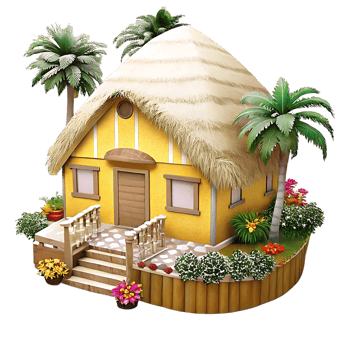 Charming Yellow Beach House with Thatched Roof and Lush Tropical Landscaping png
