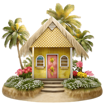 Charming Yellow Tropical Beach House with Palm Trees and Flowers png