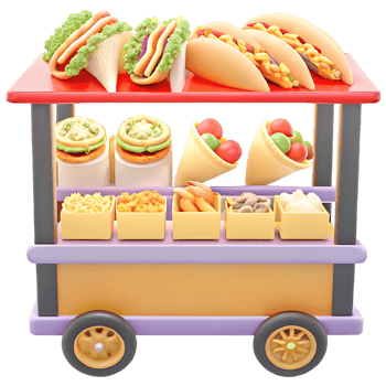 A delightful 3D rendering of a vibrant food cart overflowing with a tempting array of delicious treats png
