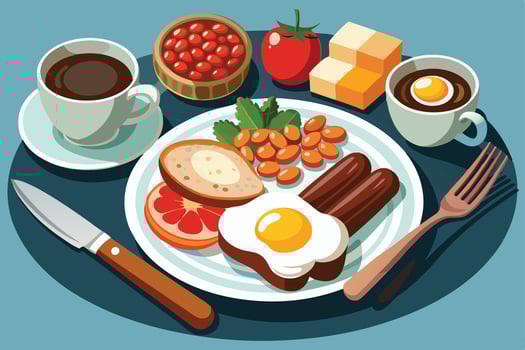 Colorful illustration of a delicious and hearty full English breakfast. vector