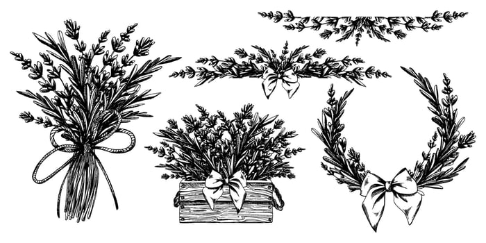 Set with lavender flowers, compositions, bouquet, wreath. Graphic illustration line art hand drawn in black and white monochrome. Set of elements vector